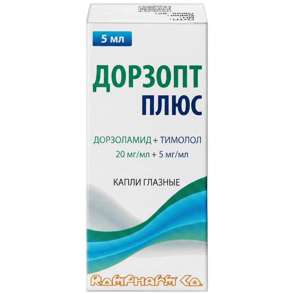 Дорзопт Плюс, 20 мг/мл+5 мг/мл, 5 мл, капли глаз.