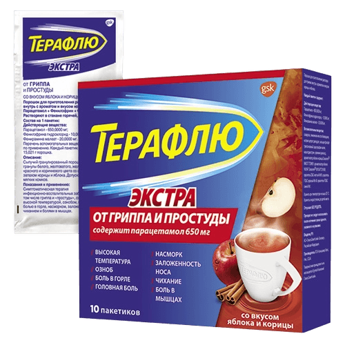 Терафлю Экстра при гриппе и простуде, пакетики, №10 (яблоко/корица)
