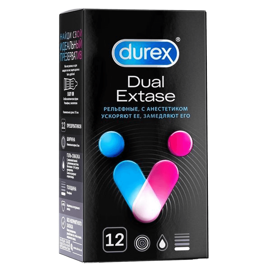 Презервативы Durex Dual Extase, №12 (рельефные с анестетиком)