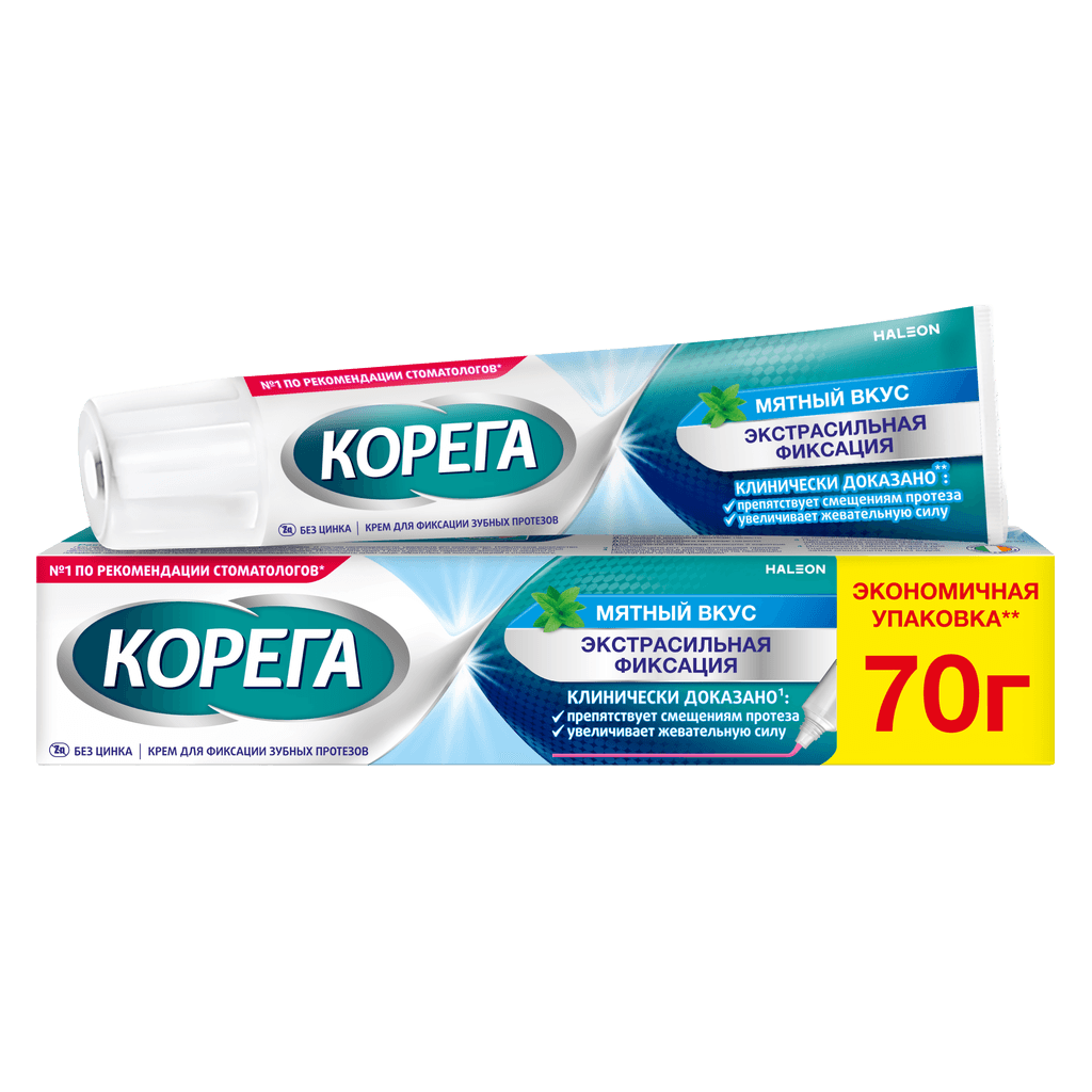 Корега Экстра сильный мятный для фиксации зубных протезов крем, 70 г