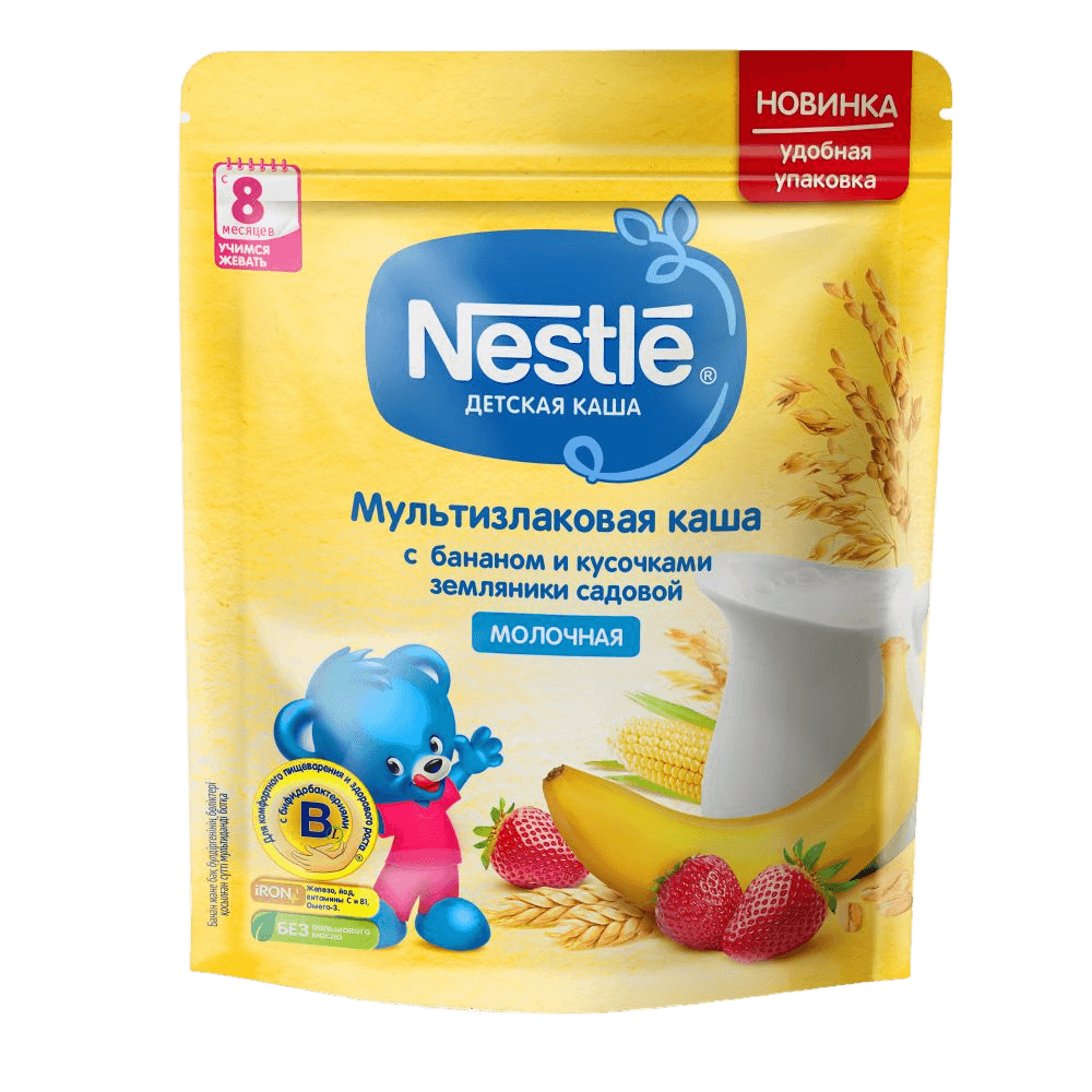 Kasha molochnaya Multizlakovaya Nestle, 250 g (banan zemlyanika)