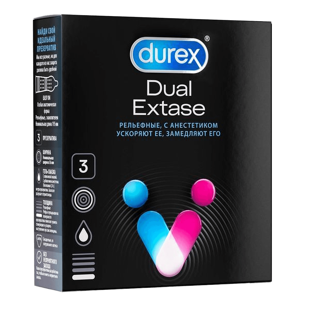 Презервативы Durex Dual Extase, №3 (рельефные с анестетиком)