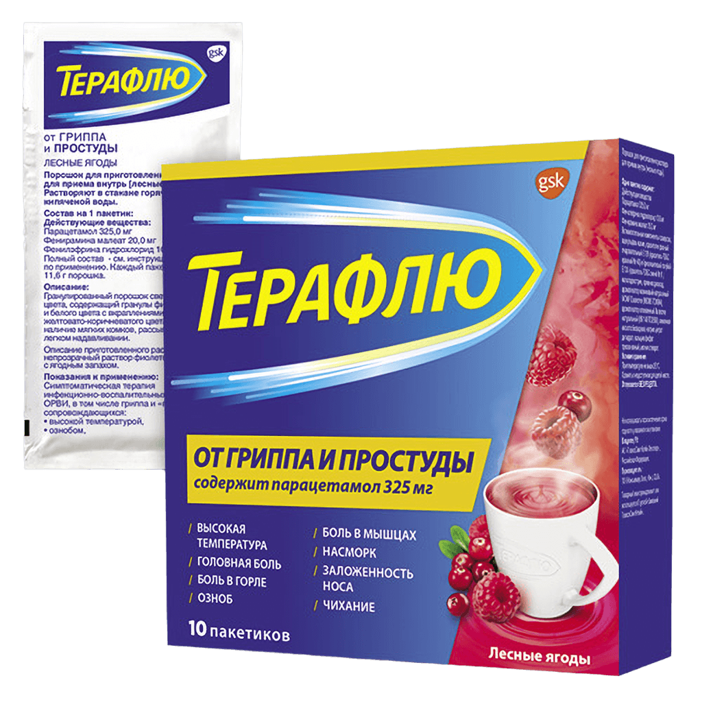 Терафлю при гриппе и простуде, пакетики, №10 (лесная ягода)