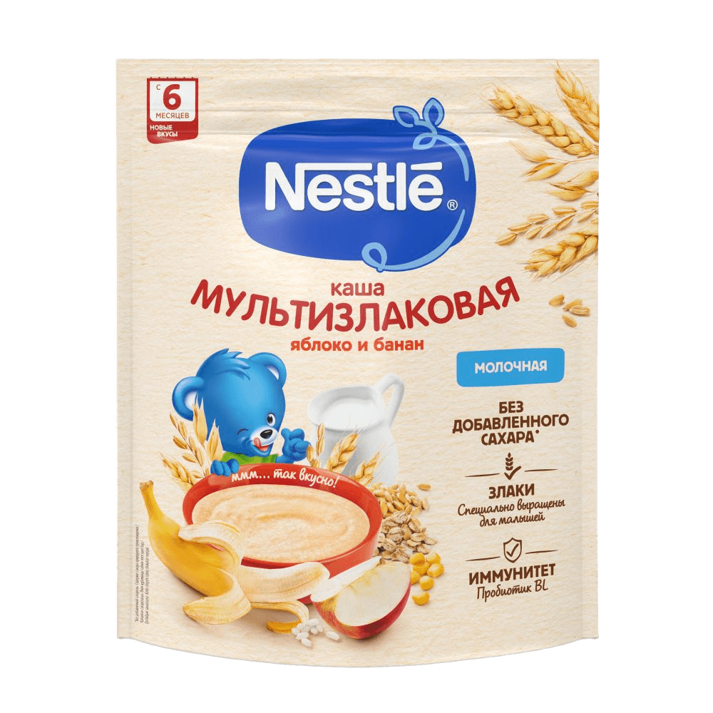 Kasha molochnaya Multizlakovaya Nestle, 200 g (yabloko banan)
