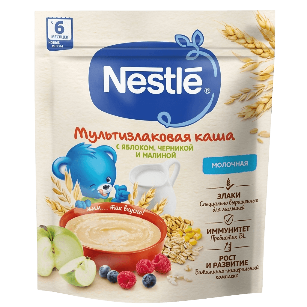 Kasha molochnaya Multizlakovaya Nestle, 200 g (yabloko chernika i malina)