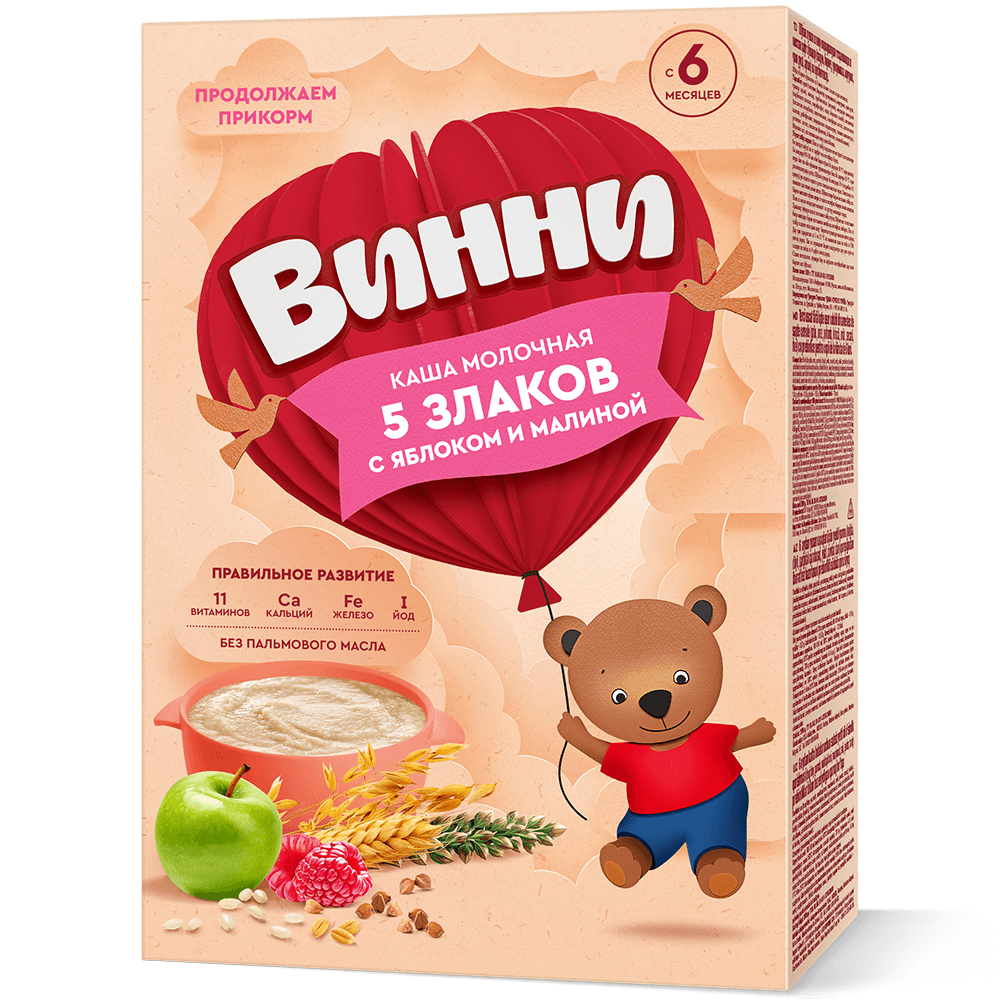 Kasha molochnaya Vinni 5 zlakov, 200 g (6 m)
